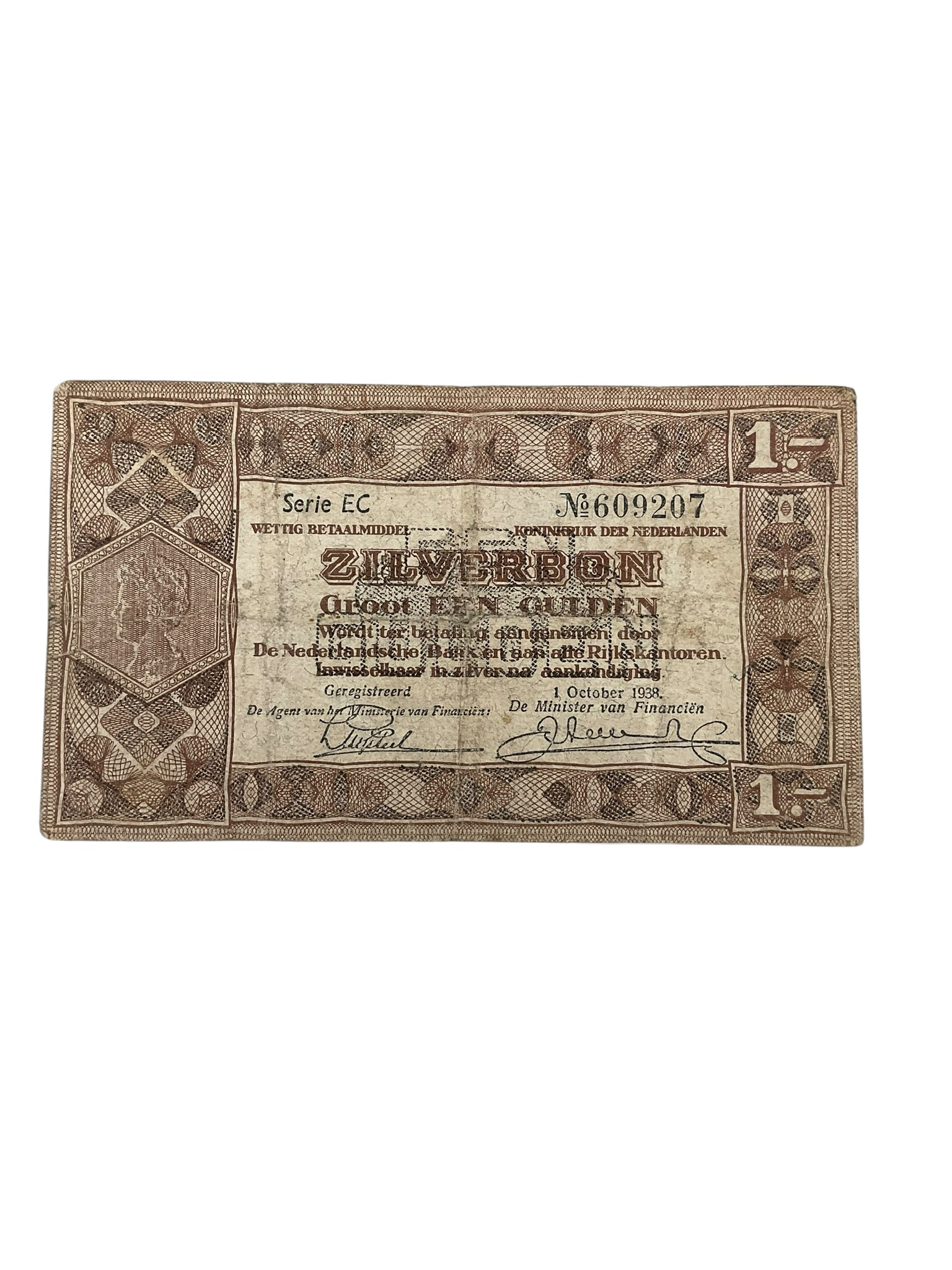Netherlands 1 Gulden Silver Certificate Banknote Dated 1938 Netherlands 1 Gulden Silver Certificate Banknote Dated 1938