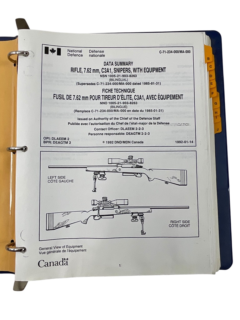Canadian Data Summary Rifle 7.62mm C3A1 Snipers WIth Equipment Used Hardcover Reference Book Canadian Data Summary Rifle 7.62mm C3A1 Snipers WIth Equipment Used Hardcover Reference Book