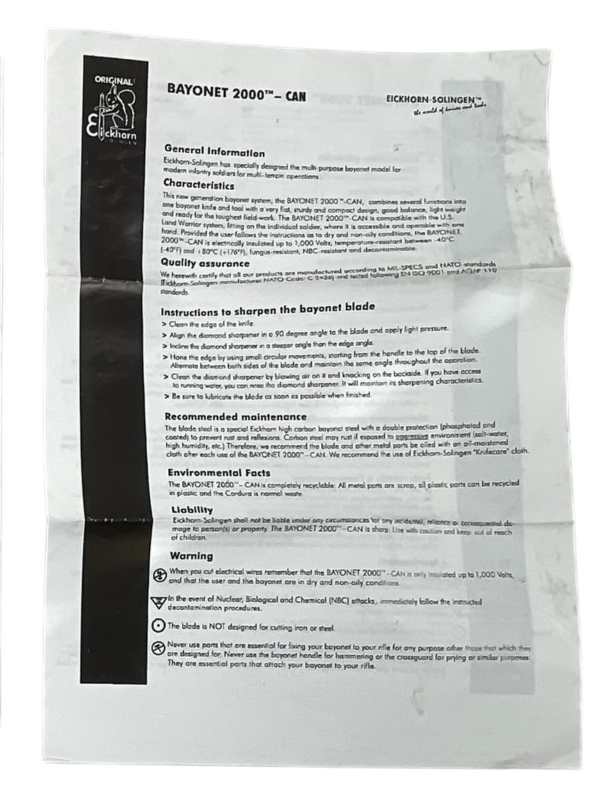 Canadian Forces Bayonet 2000 Instruction Sheets Canadian Forces Bayonet 2000 Instruction Sheets